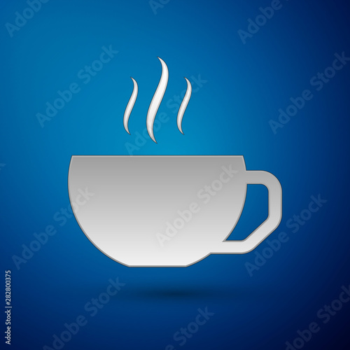 Silver Coffee cup flat icon isolated on blue background. Tea cup. Hot drink coffee. Vector Illustration