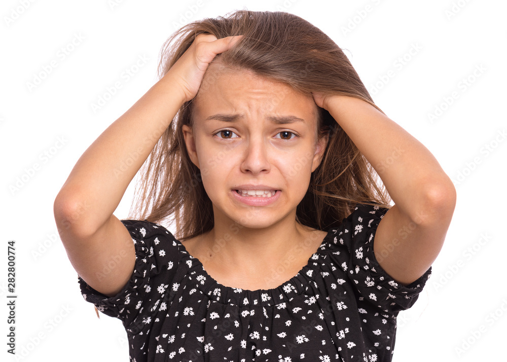 Surprised teen girl, isolated on white background. Funny child looking at  camera in amazement, touching her hair with hands. Beautiful caucasian  teenager, opening her eyes with shock. Stock Photo | Adobe Stock