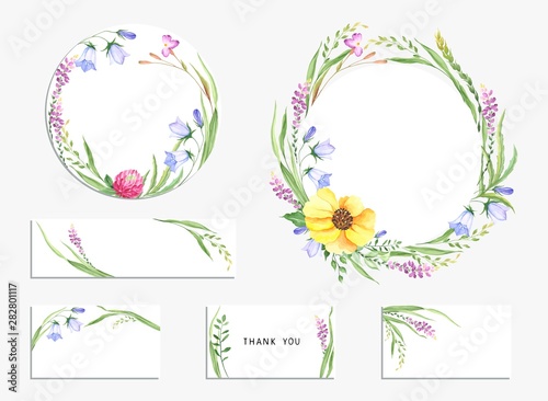 Floral set with wildflowers, cards, circles frames and template for your design. Vector illustration with flowers, bells and grass in watercolor style.