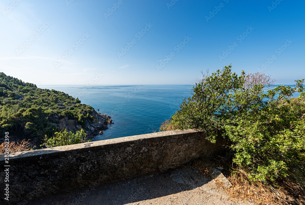 Aerial view of a small bay with the Mediterranean Sea, Gulf of La Spezia, Liguria, Italy, South Europe