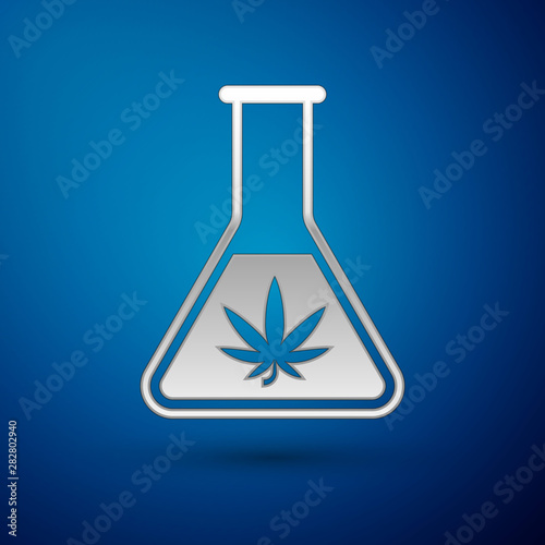 Silver Chemical test tube with marijuana or cannabis leaf icon isolated on blue background. Research concept. Laboratory CBD oil concept. Vector Illustration