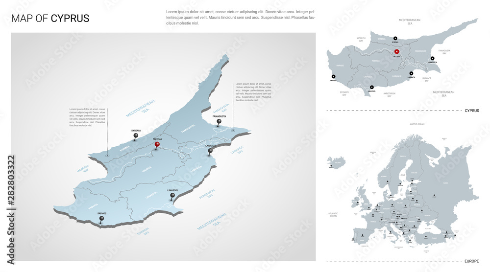 Vector set of Cyprus country.  Isometric 3d map, Cyprus map, Europe map - with region, state names and city names.