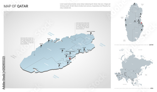 Vector set of Qatar country.  Isometric 3d map  Qatar map  Asia map - with region  state names and city names.