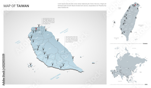 Vector set of Taiwan country.  Isometric 3d map, Taiwan map, Asia map - with region, state names and city names.