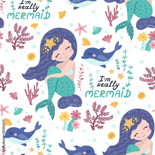 Seamless pattern with cute mermaids, seaweed