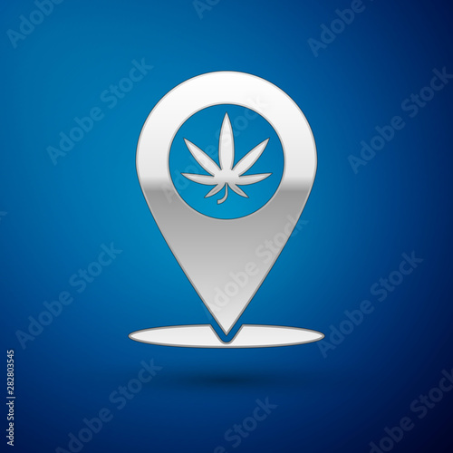 Silver Map pointer and marijuana or cannabis leaf icon isolated on blue background. Hemp symbol. Vector Illustration