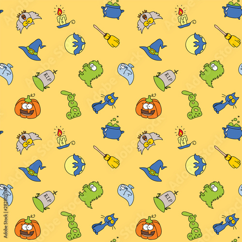 Funny seamless halloween pattern with doodle objects and funny characters on yellow background. Vector 8 EPS.