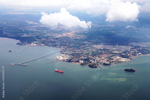 Photography aerial view from plane overlooking the port or harbor area of Kuala Lumpur the c