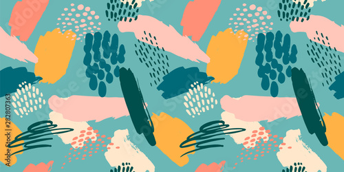 Abstract artistic seamless pattern with trendy hand drawn textures, spots, brush strokes.