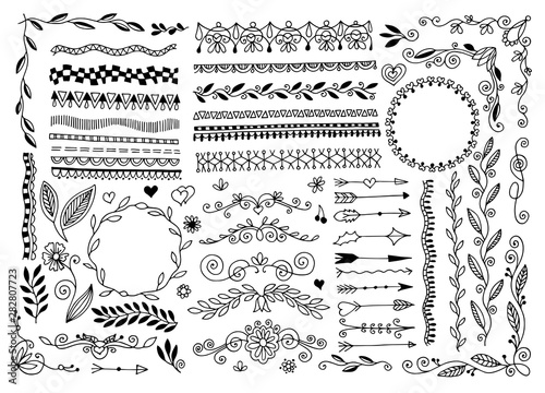 set of hand drawing doodle page divider, border, corner in doodle floral style photo