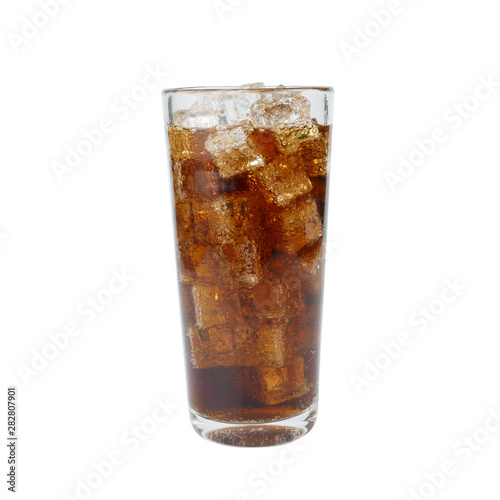 Glass of Cola Carbonated or Aerated Waters with ice cubes isolated on white background.drink and refreshment concept