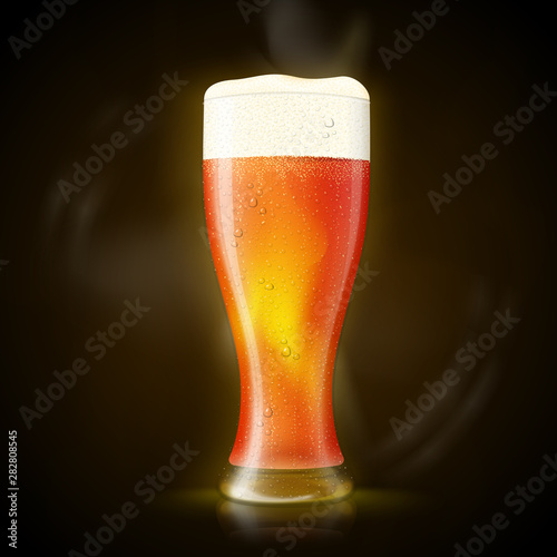 Vector. Beer in tall wet Glass with bubbles and froth, on dark background with smoke and glare.