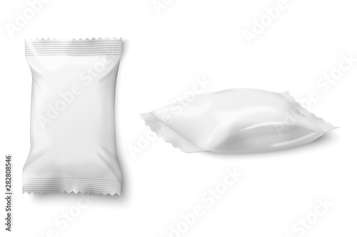 Vector realistic 3d white snack or candies sachet isolated on white background.  Mock-up for product package branding.