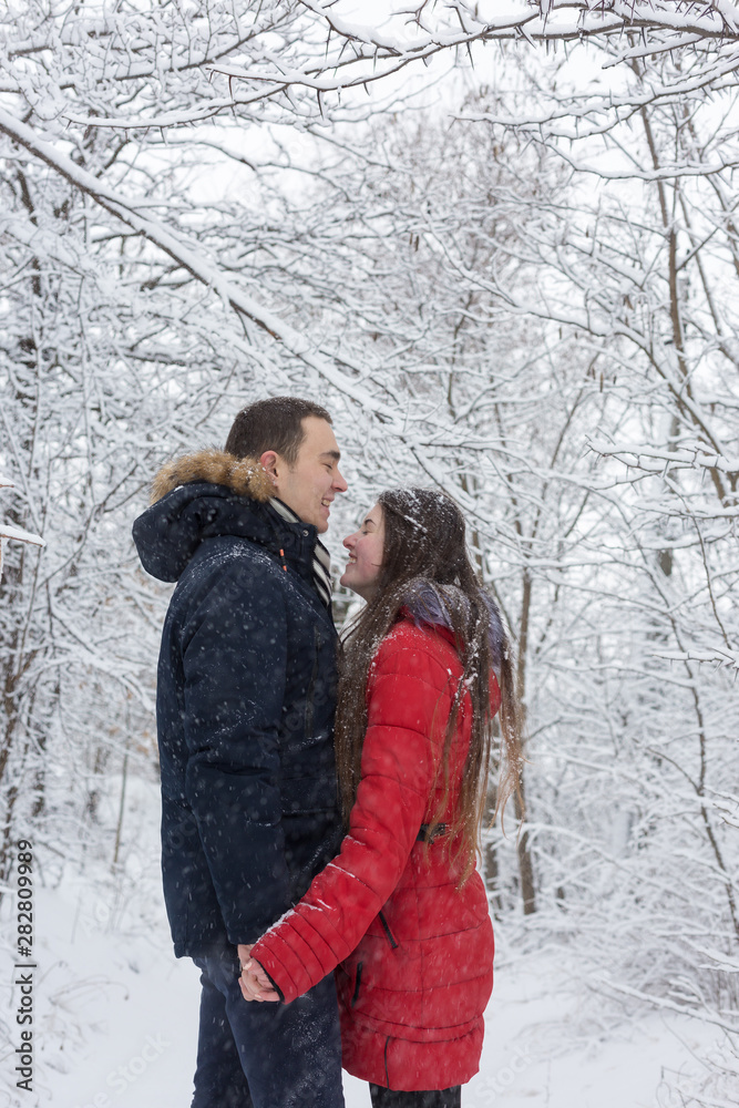 The guy and the girl have a rest in the winter woods. Husband and wife in the snow. Young couple walking in winter park The guy and the girl have a rest in the winter woods. Husband and wife in the snow. Young couple walking in winter park
