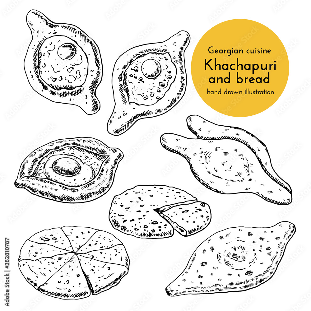 Set of Khachapuri illustration. sketch of traditional georgian cuisine. hand drawn illustration of khachapuri, tortillas Set of Khachapuri illustration. sketch of traditional georgian cuisine. hand drawn illustration of khachapuri, tortillas