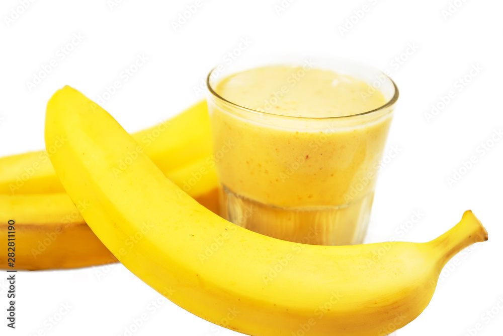 Bananas and a natural banana drink. Isolate on white background
