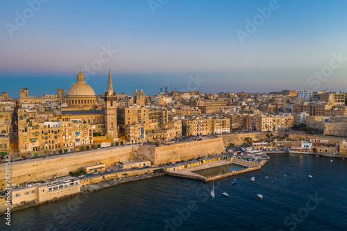 Valletta city. Aerial view of Valletta Skyline in the evening, Sunset. Malta