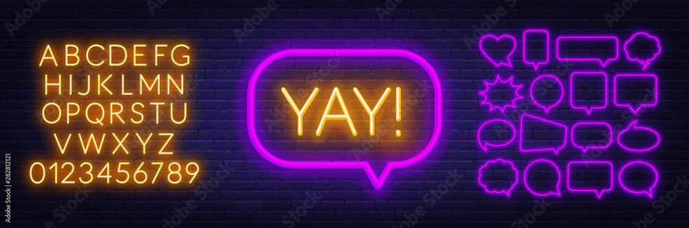 Neon sign yay in frame on dark background. Set of neon speech bubbles and the alphabet on a dark background. Template for design. Neon sign yay in frame on dark background. Set of neon speech bubbles and the alphabet on a dark background. Template for design.