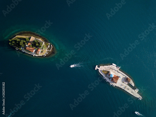 Aerial photo of St. George and monastery on the islands near Perast town in Kotor bay © Ravil Sayfullin