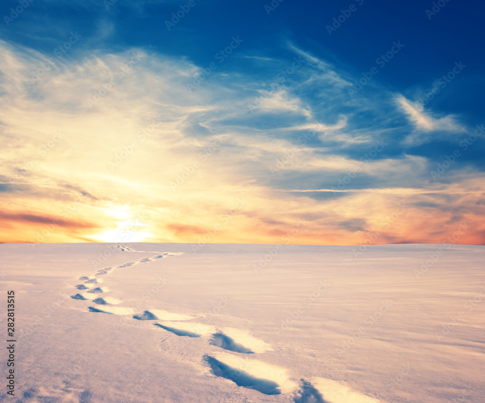 winter snowbound plain with human track at the sunset