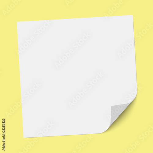 A square sheet of note paper with a bent lower right corner placed on yellow background. Vector illustration.