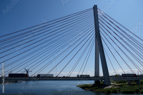Cable-stayed bridge on the Vistula river. Cars passing the bridge. Gdansk/Poland © Iwona
