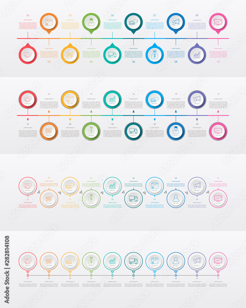 Abstract business infographics template with 10 circles on timeline diagrams in white color background Abstract business infographics template with 10 circles on timeline diagrams in white color background