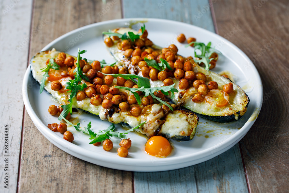 Baked courgette with cheese and crispy spicy chickpeas Baked courgette with cheese and crispy spicy chickpeas