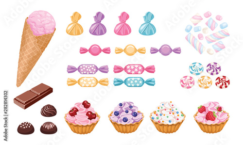 Set of sweets. Ice cream, cupcakes with berries, сandies in color wrappers, marshmallows and chocolate isolated on white. Vector illustration of desserts in cartoon simple flat style.