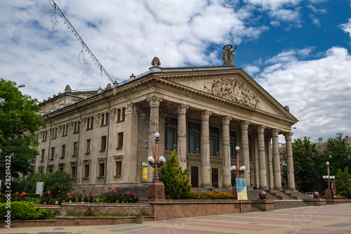 Front view of Academic Drama Theatre of Taras Shevchenko on Theatre square in Ternopil, Ukraine. August 2019 