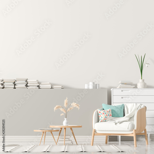 Fototapeta Naklejka Na Ścianę i Meble -  Empty wall mock up in Scandinavian style interior with wooden furnitures. Minimalist interior design. 3D illustration.