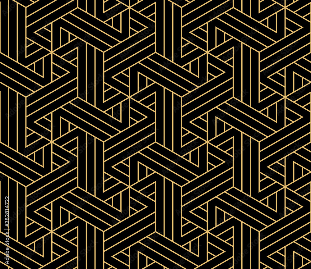 Abstract geometric pattern with stripes, lines. Seamless vector background. Gold and black ornament. Simple lattice graphic design