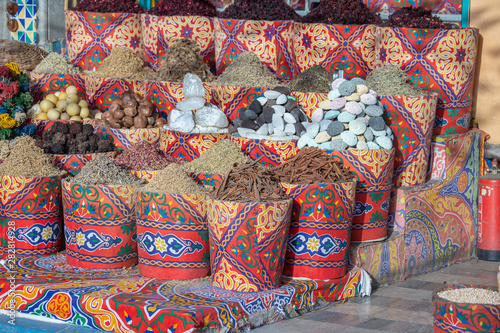 Traditional spices bazaar with herbs and spices in street old market in Sharm El Sheikh, Egypt. close up