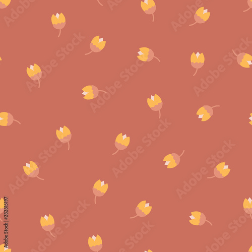 Scandinavian Folk flowers seamless vector repeating background. Pink yellow. Scandinavian tulip flowers. Scattered small floral pattern. For fabric, girl, nursery, page fills, packaging, digital paper