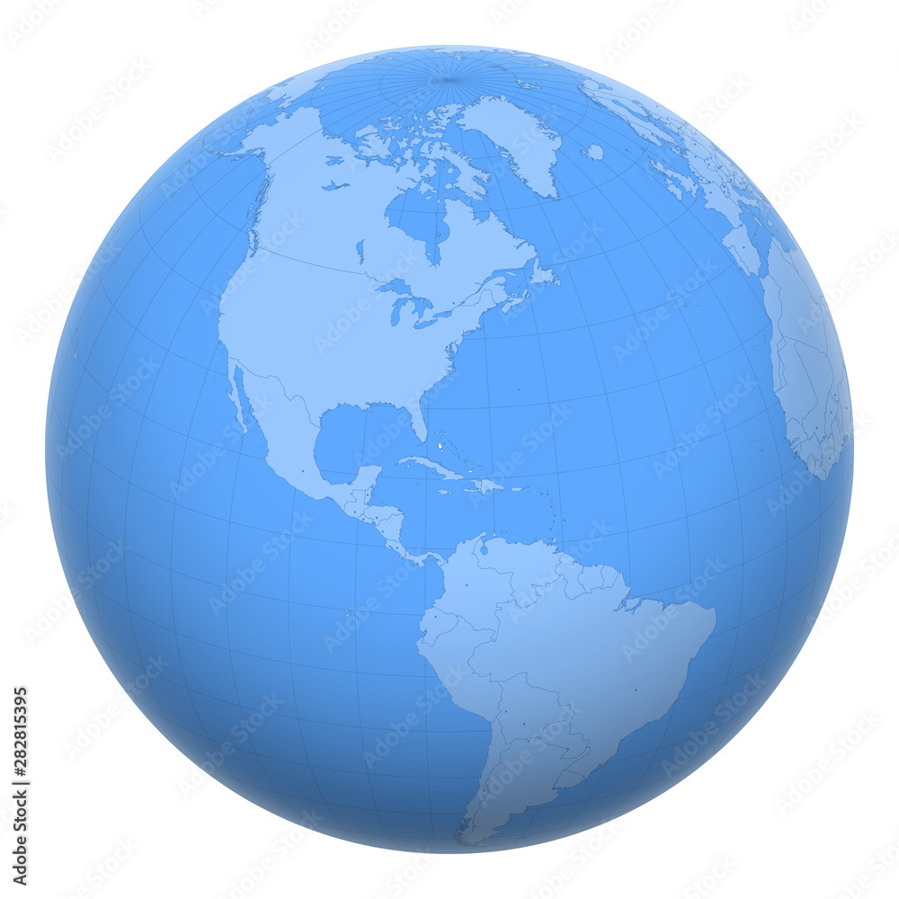 The Bahamas on the globe. Earth centered at the location of the Commonwealth of The Bahamas. Map of The Bahamas. Includes layer with capital cities.