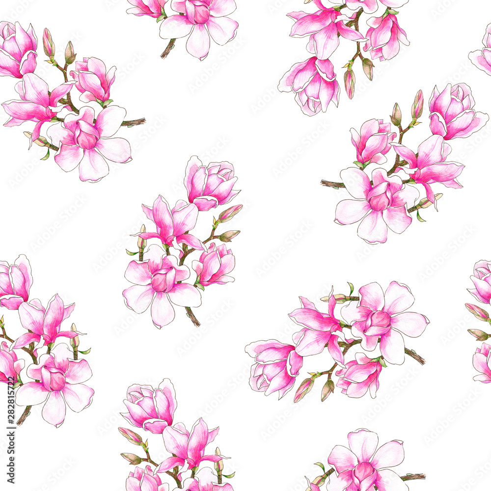Watercolor floral print. Pink magnolia. Seamless pattern. Wrapping paper. Gift wrap. Textile design. Decor for the wedding.