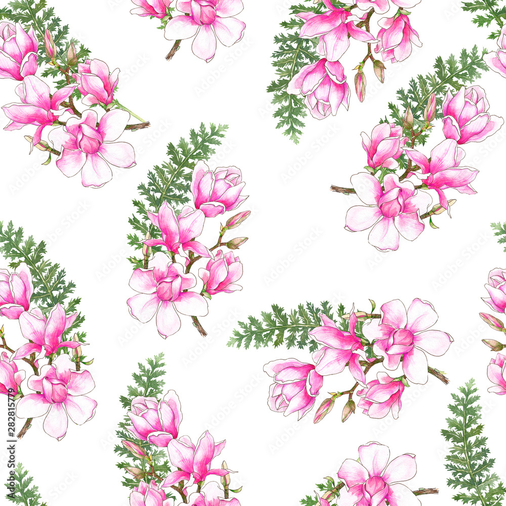 Watercolor floral print. Pink magnolia. Seamless pattern. Wrapping paper. Gift wrap. Textile design. Decor for the wedding.