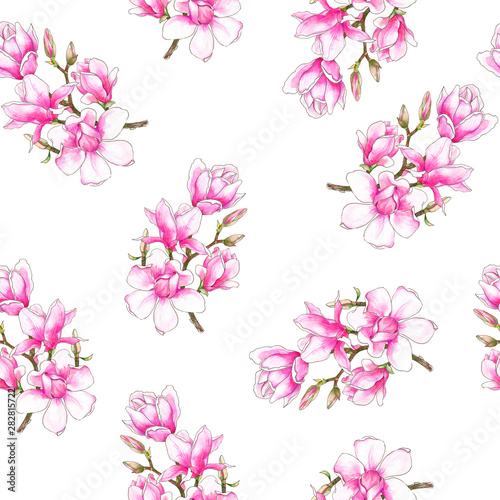 Fototapeta Naklejka Na Ścianę i Meble -  Watercolor floral print. Pink magnolia. Seamless pattern. Wrapping paper. Gift wrap. Textile design. Decor for the wedding.