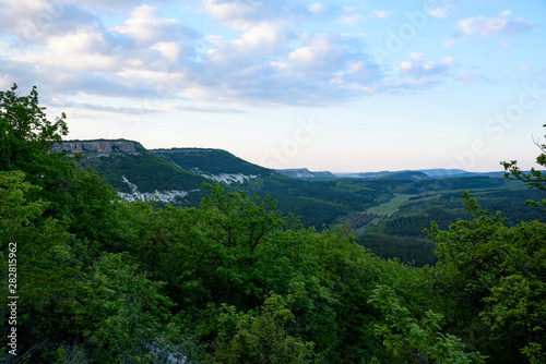 View of the gorge with growing green trees and white stone  from the top in the light of the setting sun  with clouds in the sky and trees in the foreground. Location in Crimea