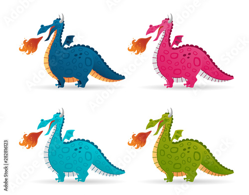 Set of funny fire dragon cartoon. Collection colorful flying fairytale cute dinosaurs