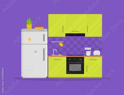 Modern kitchen with furniture. Cozy kitchen interior with refrigerator, stove and toaster. Electric appliances. Home design. Cooking theme. Flat style vector illustration.