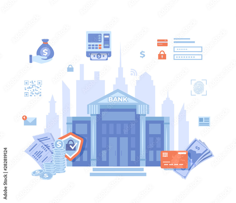 Banking, Bank building, Financial service. Money exchange,  transfer, payment, accounts operation. Banknotes, coins, credit card, bills, password, login,ATM. Vector illustration on white background.