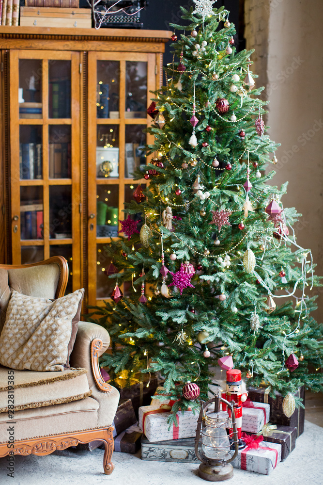 vintage sofa and Christmas tree