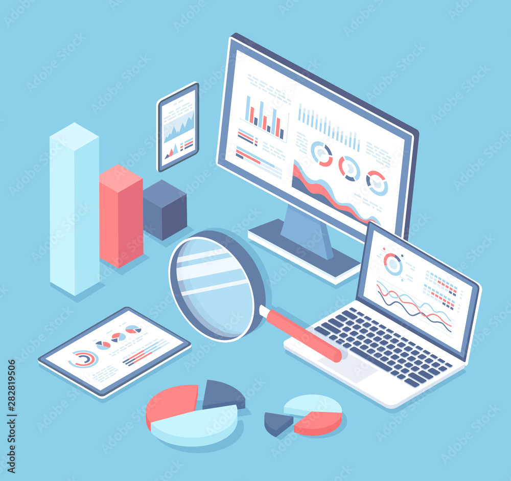 Online audit, research, report, analytics, analysis concept. Web and mobile service. Charts graphs on screens of laptop, monitor, phone, tablet, big magnifying glass. Isometric 3d vector illustration Online audit, research, report, analytics, analysis concept. Web and mobile service. Charts graphs on screens of laptop, monitor, phone, tablet, big magnifying glass. Isometric 3d vector illustration