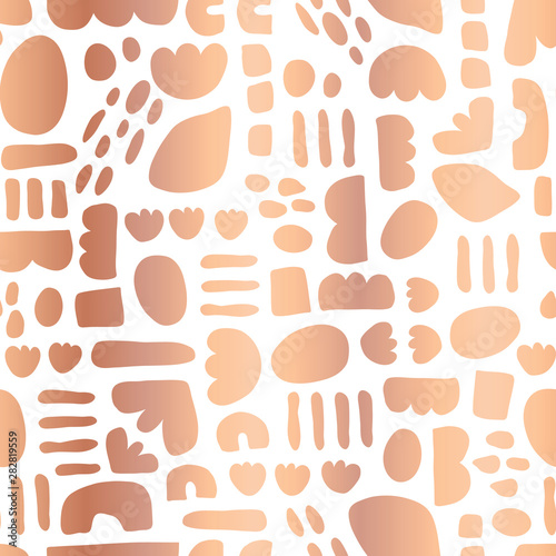 Rose Gold foil Abstract shapes seamless vector pattern paper cut out collage style. Copper foil background