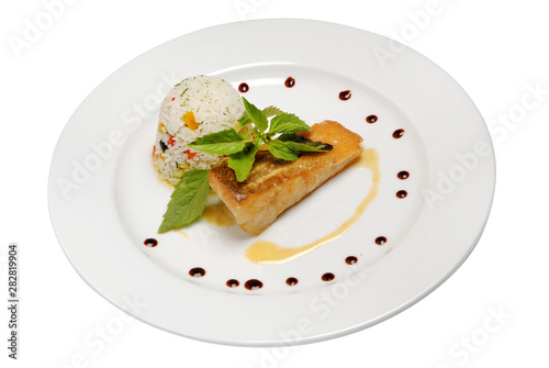 Grilled Salmon with Vegetables and Rice on white isolated background