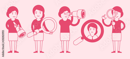 Girl with a magnifier. Searching woman set. Pink colour silhouette. Find with spyglass. Vector illustration.