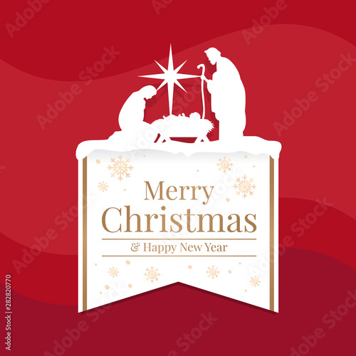 Merry Christmas and happy new year banner with white mary and joseph in a manger with baby Jesus and star light top up white gold banner text  on red background vector design