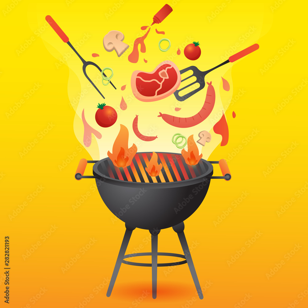 BBQ grill party with food flat style vector for card or invitation template  illustration. Stock Vector | Adobe Stock