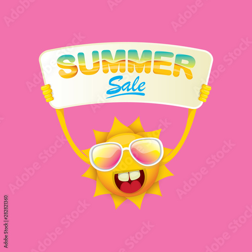 summer sale vector poster or web banner. summer happy sun character holding sign or banner with special offer sale text on pink background